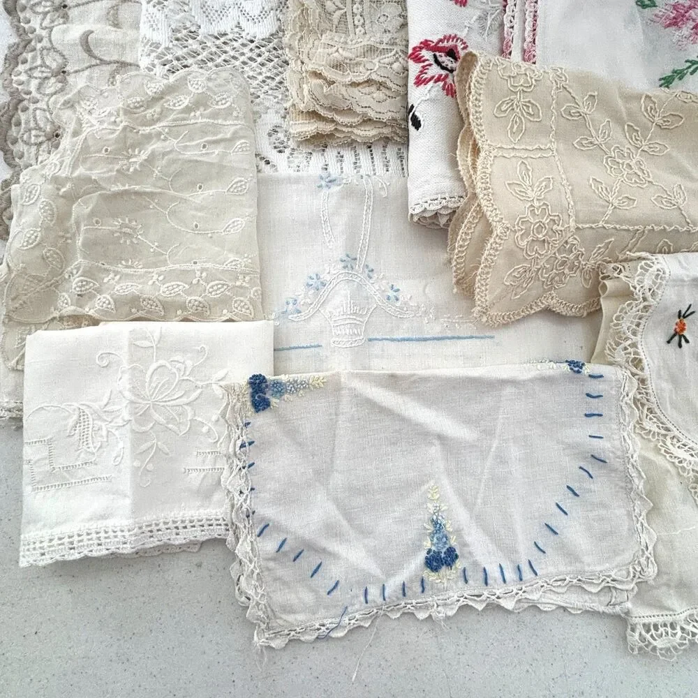 Vintage Linen Cutter Lot Dresser Scarves Runners Cottagecore Embroidered Crochet